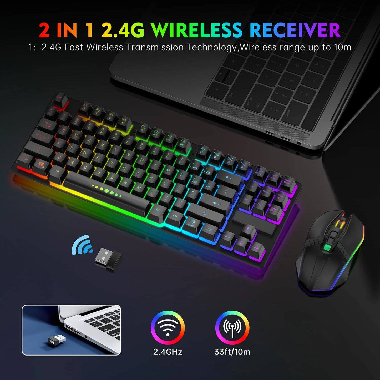 Wireless Keyboard and Mouse, 87 Keys Mechanical Feel Keyboard Mice Combo